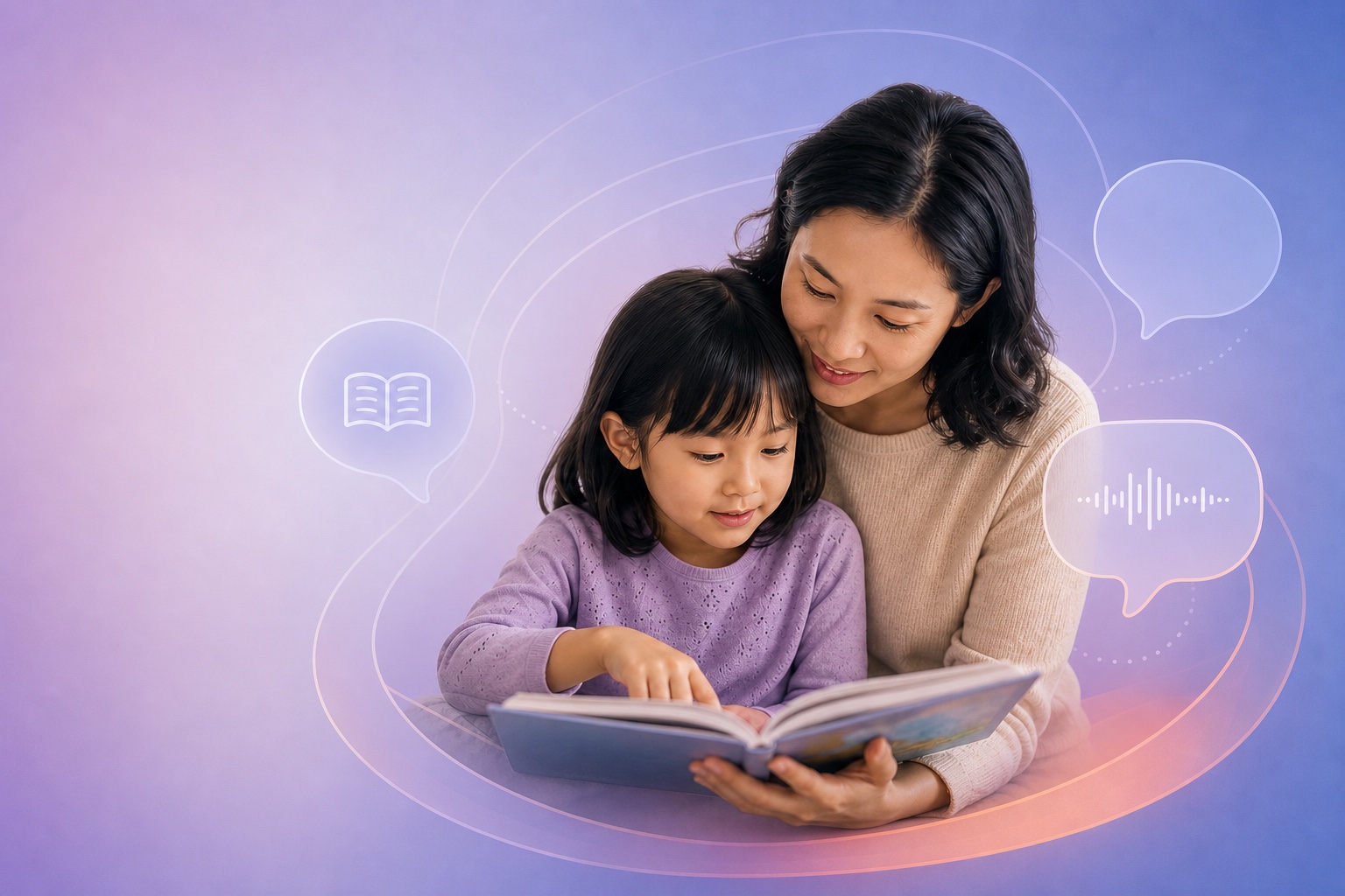 Conceptual editorial image of a child and caregiver reading together with subtle AI-supported learning cues